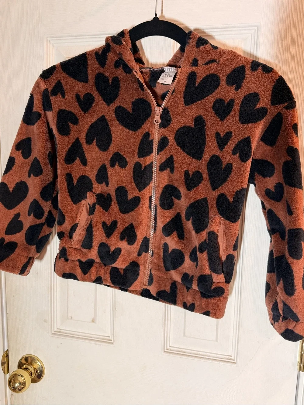 Carter's Fuzzy Brown Hoodie with Black Heart Print